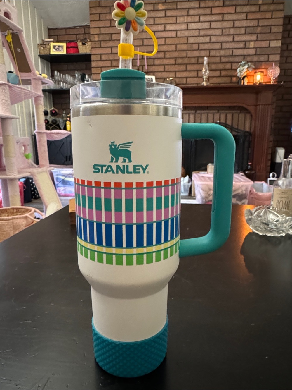 Stanley 40oz White Travel Tumbler with Teal Handle and Multicolor Stripes